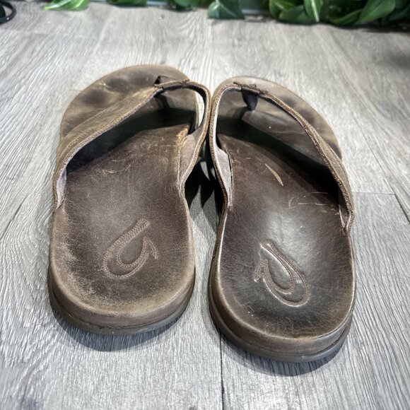 Olukai Pikoi Dark Wood Men’s Size 13 M Brown Leather Thong Sandals Flip Flops main image 6